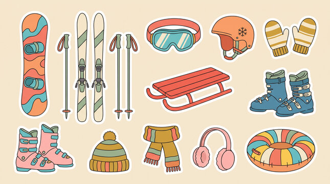 Set of snowboarding and skiing equipment in winter gear attire. Perfect for winter sports, outdoor activities, ski resorts, and cold weather themes.