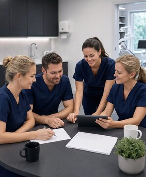Dental Team Reviewing Tablet During Staff Meeting in Clinic
