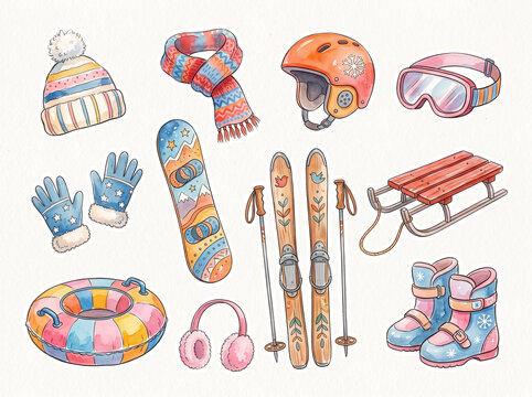 Winter sports gear in a vibrant array for outdoor enthusiasts, ideal for promoting snowrelated products and winter outdoor activities.