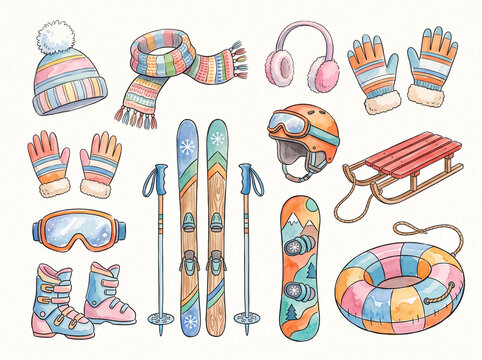 Winter wear gear like boots, skis, goggles, helmet, sled, tube, gloves, and hat. Perfect for outdoor sports, skiing, snowboarding, or winter activities.
