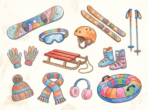 Winter sports equipment illustrations include snowboard, skis, poles, goggles, helmet, gloves, sled, boots. Perfect for sportsrelated designs, websites, and promotional materials.