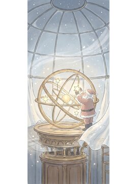 Santa beside an armillary sphere under a glass dome with aurora lights