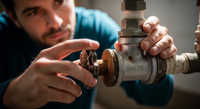 Man inspecting rusty valve with focused attention in industrial setting. Maintenance includes checking damaged plumbing and ensuring proper function of water systems.