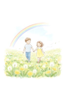Boy and girl holding hands in a blooming meadow under a double rainbow