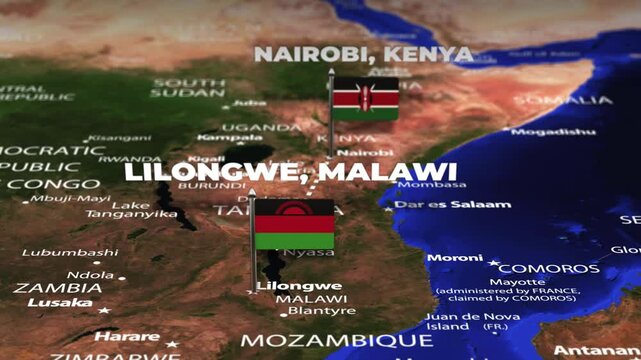 Flight From Nairobi KENYA to Lilongwe MALAWI with flag pins