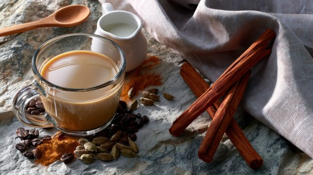 Cozy still life featuring aromatic spices and coffee with chai ingredients arranged on a rustic wooden table