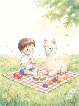 Best friends: a boy and an alpaca picnicking in a flower meadow