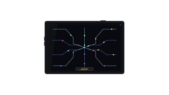 Digital tablet screen displaying a technological data processing HUD