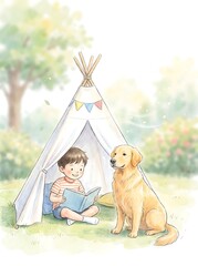 Boy reading inside a teepee tent with his golden retriever lying beside © echo
