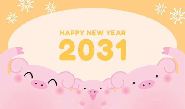 Group of cute Zodiac pigs mascots celebrating Lunar New Year 2031. Year of the Pig greetings card frame template.