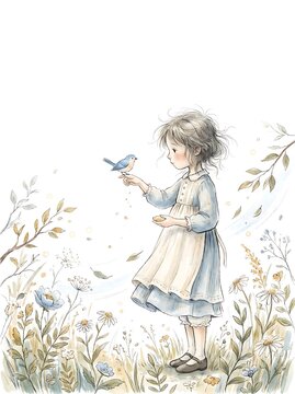 Girl in a pinafore sharing a moment with a bluebird among wildflowers