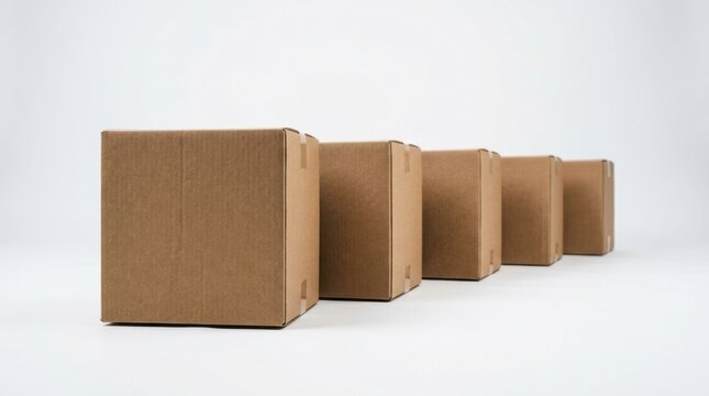 A row of five identical brown cardboard boxes arranged in a diagonal line on a clean white studio background for shipping and logistics concepts