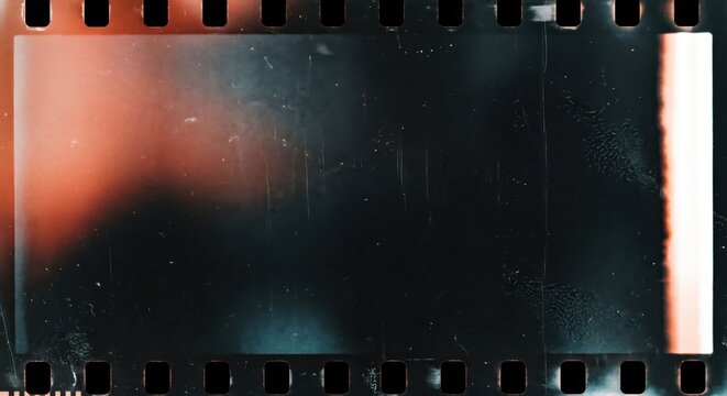 Vintage 35mm film strip frame with light leaks and dust. Retro analog film negative texture with sprocket holes and grain. Grungy cinematic film border for photography overlays and editing.