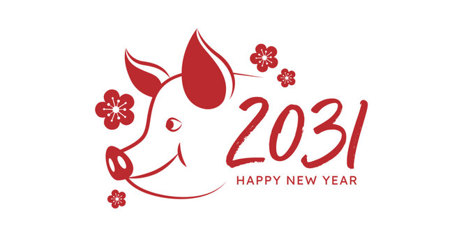 Zodiac pig stylized head with flowers pattern. New Year 2031 greetings card vector illustration.