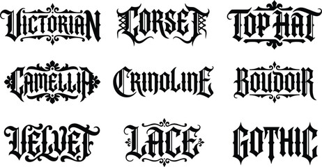 Obraz premium Nine vintage fashion and style related words in black gothic calligraphy font with ornate decorative on a plain white background