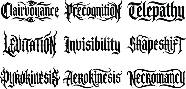 Supernatural and psychic ability themed gothic lettering set featuring words like clairvoyance precognition telepathy levitation invisibility