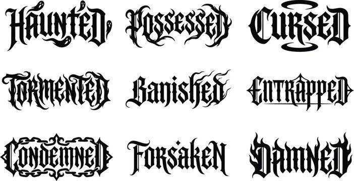 Nine dark and supernatural themed words in black gothic calligraphy font with decorative flourishes on a plain white background