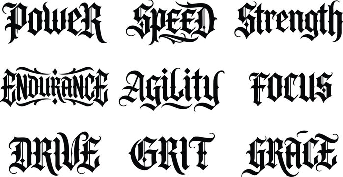 Strength and personal attribute themed gothic lettering set featuring words like power speed strength endurance agility focus drive grit grace