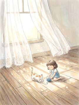 Toddler and kitten romping through a sunbeam-filled room