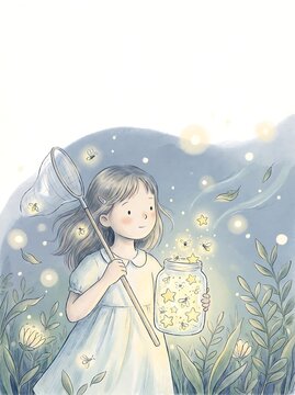 Girl with her net and glowing firefly jar on a dark summer night