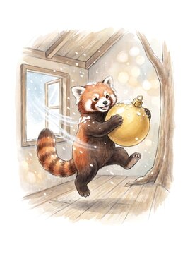 Red panda with a golden lantern inside its snowy treehouse window