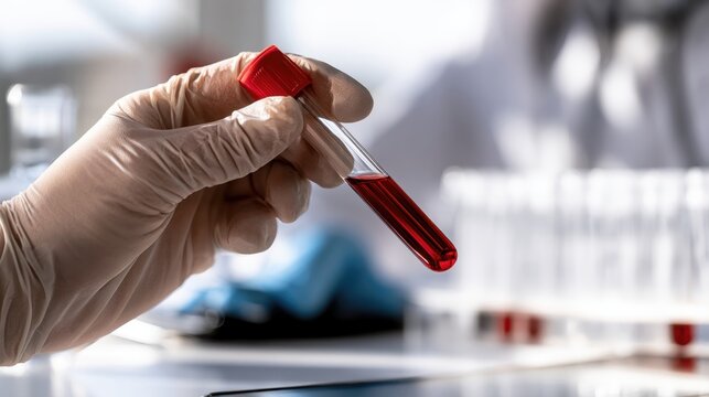 Close up of a gloved laboratory hand holding a test tube of red blood sample in a bright medical lab with racks behind