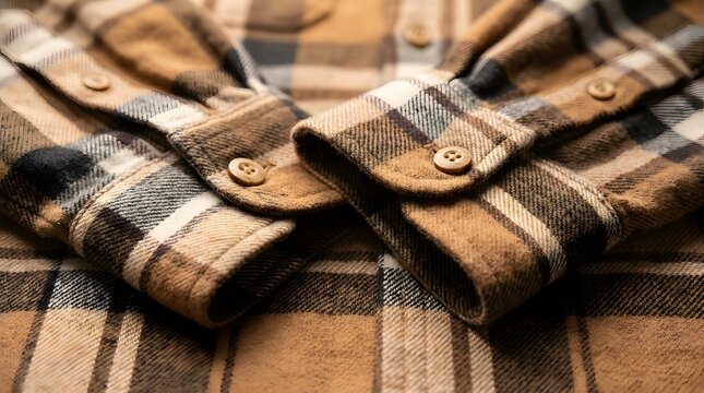 Brown Plaid Flannel Shirt Fabric Texture with Button Cuffs Detail