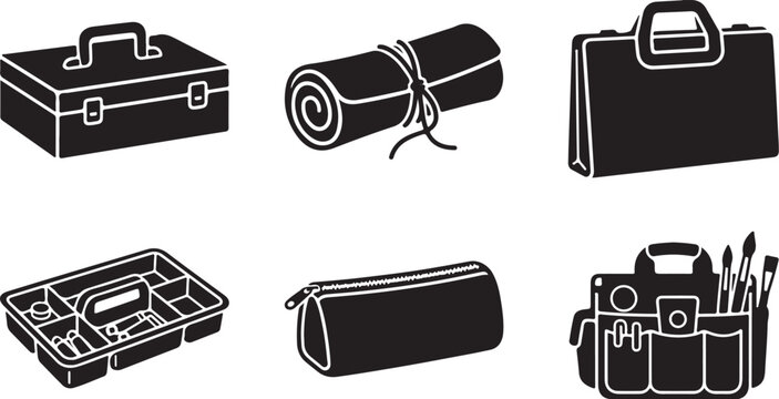 Set of art supply cases and creative tool storage icons in black silhouette style.
