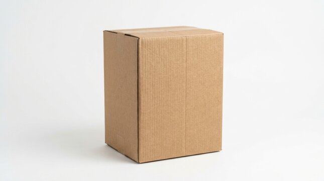 A vertical rectangular cardboard box standing isolated on a clean white background for shipping and storage logistics