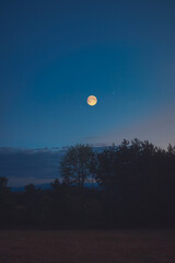 Full Moon, stars and planets above landscape silhouettes in blue hour time. © astrosystem