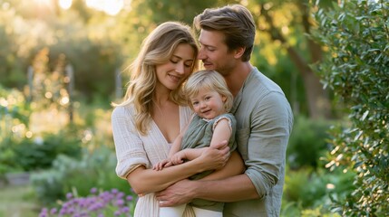 Fototapeta premium Young Caucasian family embracing outdoors during golden hour with soft bokeh background