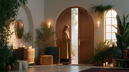 Fototapeta premium Woman in long coat arriving at home entrance with warm sunlight and lush greenery during golden hour
