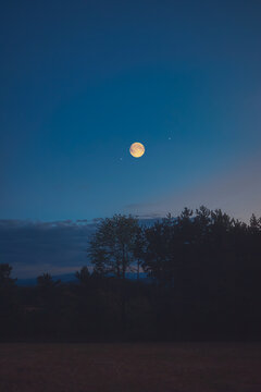 Full Moon, stars and planets above landscape silhouettes in blue hour time.