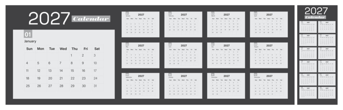 2027 calendar template, yearly planner with 12 months, modern minimalist design, simple grid layout, week starts on sunday, dark theme vector illustration