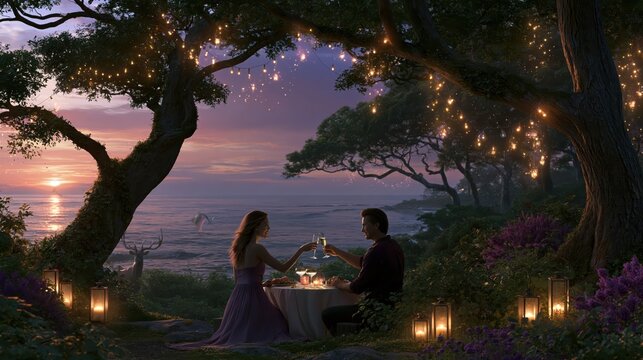 Couple toasting drinks during romantic sunset dinner in a magical garden with fairy lights and ocean view