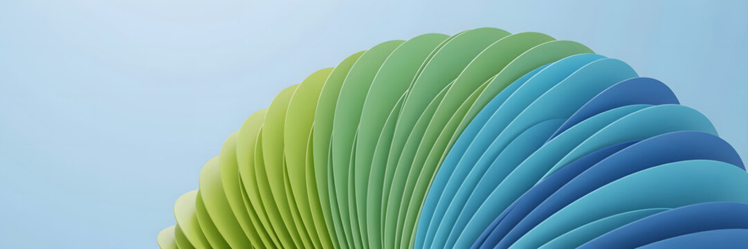 Abstract 3d render of a semi-circular fan arrangement of thin curved blades with a gradient color transition from blue to green on a light blue