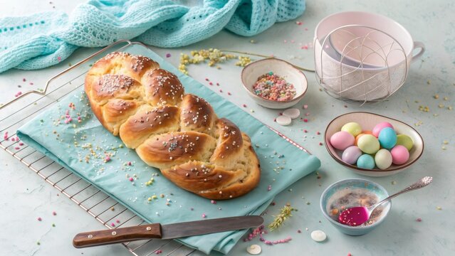 Greek tsoureki bread braided loaf with colorful sprinkles and easter decorations on a table