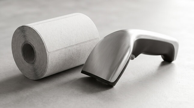 Wireless metal handheld barcode scanner resting beside thick roll containing blank adhesive shipping labels upon smooth grey concrete desk surface