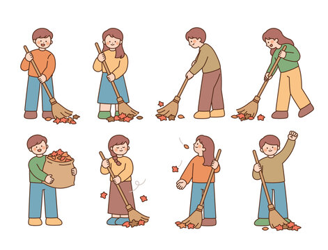 People sweeping and collecting fallen leaves in cozy autumn clothing, hand drawn cartoon vector character set