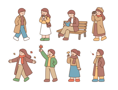 People in cozy autumn outfits walking, reading and holding warm drinks, cartoon vector character set