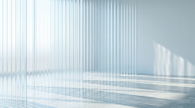 Empty minimalist room featuring fluted transparent glass partition panel catching bright window sunlight casting harsh striped shadows across smooth concrete floor surface