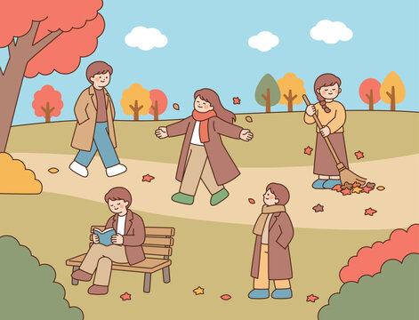People walking and relaxing in an autumn park with colorful trees and fallen leaves, cartoon vector illustration