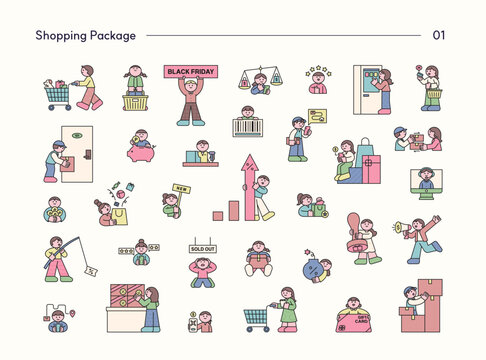 Cartoon people shopping, carrying bags and browsing products, hand drawn vector character set