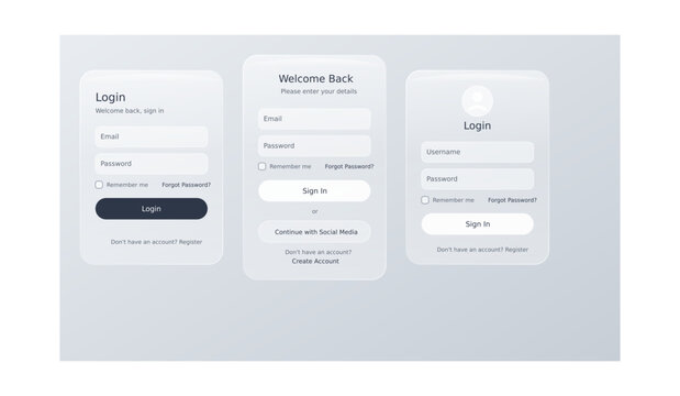 Minimalist login page UI templates, clean white glassmorphism sign in interface, modern web user registration form set for mobile apps