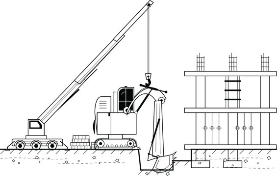 Construction Worker Operating Concrete Pump with Crane and Building Framework Line Art Vector Illustration
