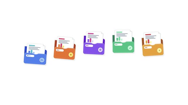Set of colorful digital folders with document reports and icons animation