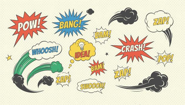 Collection of retro comic book speech bubbles, explosion bursts, and action sounds with colorful vintage pop art style.