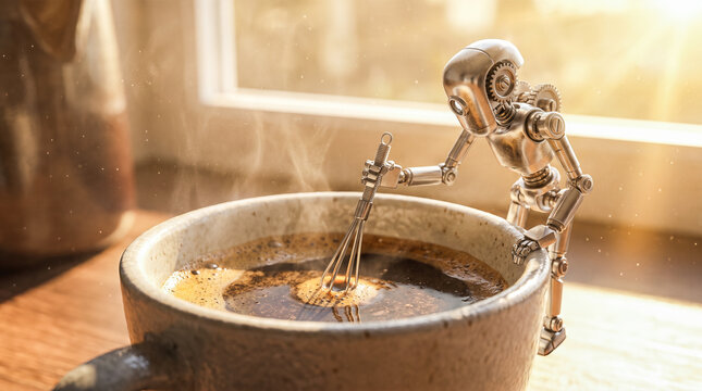 Small metallic steampunk robot sitting on ceramic mug edge stirring hot black coffee with wire whisk during bright sunny morning