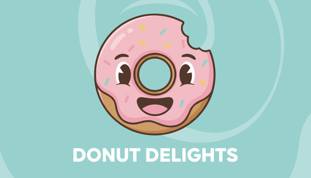 Cute cartoon pink glazed donut with a big smile and colorful sprinkles above the text donut delights on a blue background.