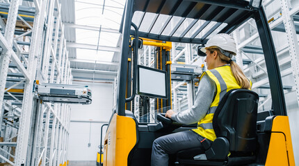 Fototapeta premium Female warehouse operator wearing reflective safety vest driving yellow electric forklift truck equipped with digital screen monitor navigating through large modern storage facility